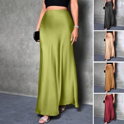 Women Fishtail Skirt High Waist Solid Color Smooth Surface A-Line Maxi Skirt