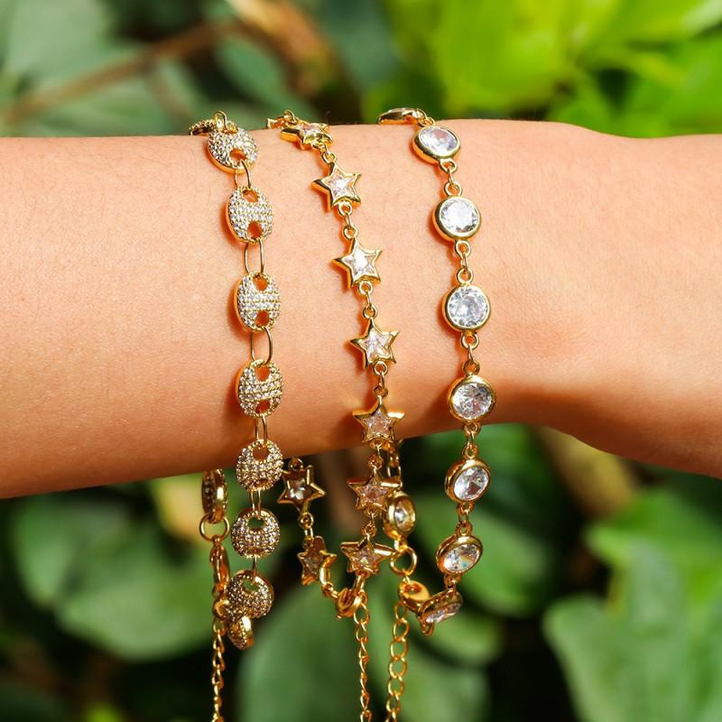 Geometric Star Crystal Zircon Chunky Chain Bracelet Set Men Women 6-Piece Fashion Jewelry Gift
