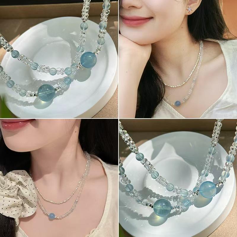Bee Mom Handmade Large Sea Blue Agate White Crystal Necklace for Women, High-end Light Luxury Elegant Collarbone Chain for Summer