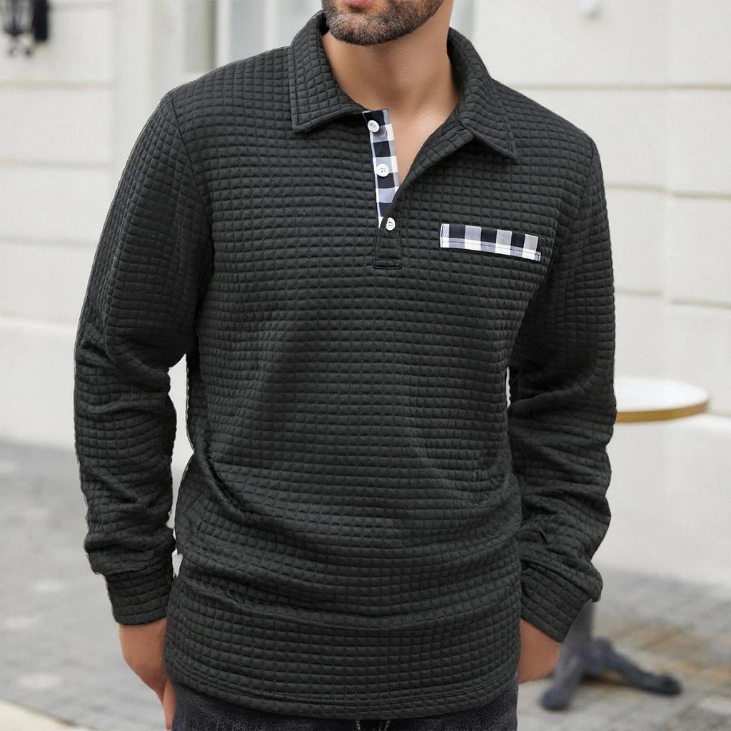 Men's Lapel Single Breasted Small Plaid Top Casual Sports Long Sleeved Top