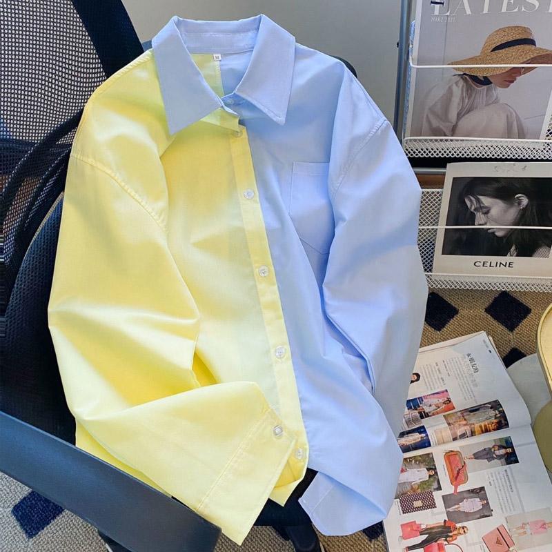 Spring and Autumn New Yellow Collar Blue Shirt Salt Girl Long Sleeve Fashion POLO Collar Loose Korean Casual College Style