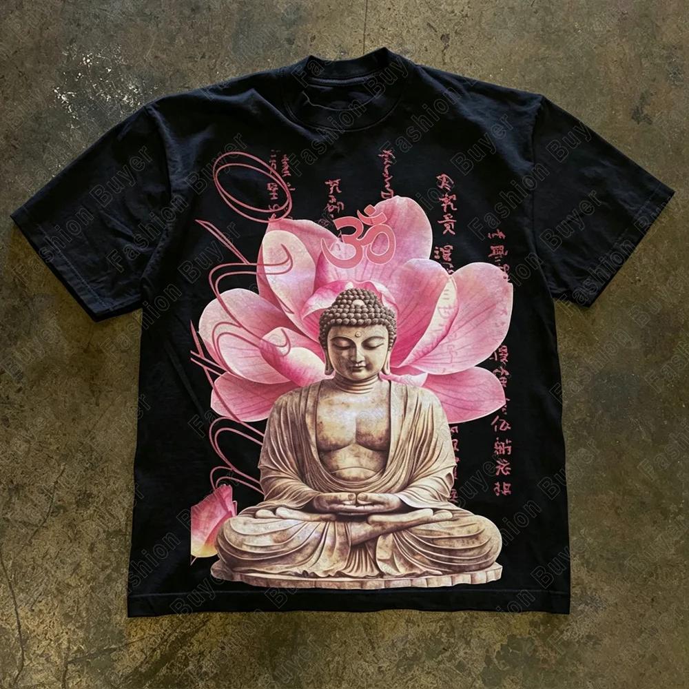 2026 Buddha Says Relax Print Tshirt Tops Unisex Shortsleeved Retro Hip Hop Harajuku Street Y2k Casual Fashion Tops Clothing