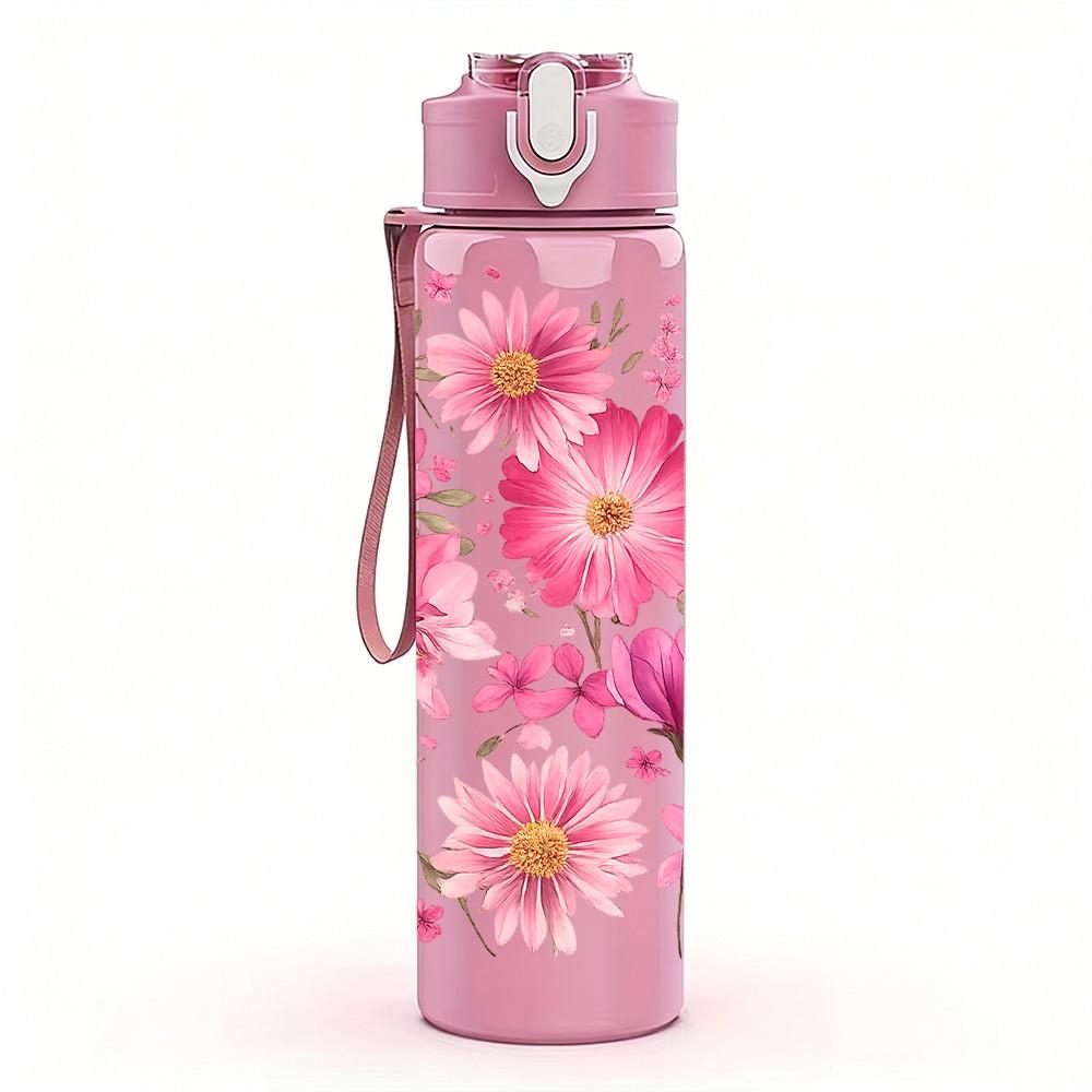 1PC Cluster Of Pink Wild Flowers Print 750ml Color Plastic Sports Water Bottle Leakproof Flip Straw Lid Suitable for Sports Office Home Use