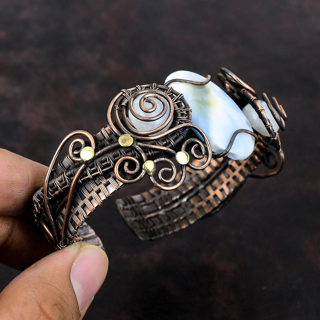 Owyhee Blue Opal Cuff Bracelet Rainbow Moonstone Bangle Copper Wire Wrapped Cuff Bracelet Handmade Adjustable Bangle Gemstone Copper Jewelry