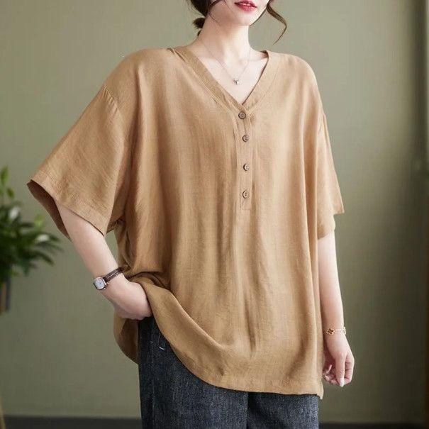 Plus Size Cotton Linen V-Neck Short-Sleeve Women's T-Shirt - Loose, Casual, Slimming Summer Fashion Top