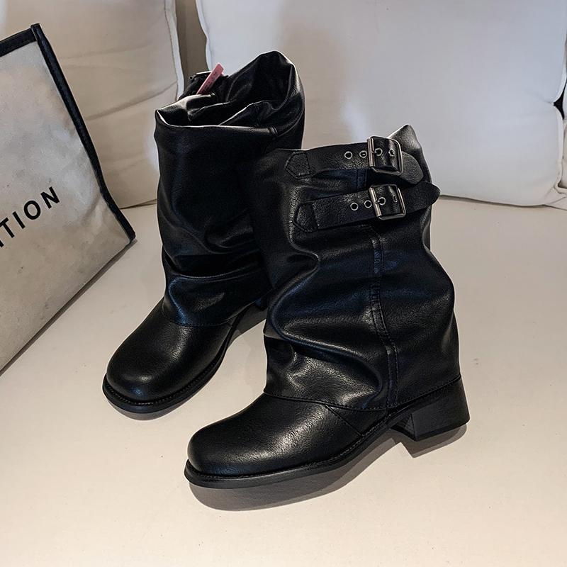 Fashion Pleated Buckle Knight Boots for Women Autumn Black PU Leather Mid Calf Boots Woman Slip-On Thick Heel Riding Botas Mujer 2025