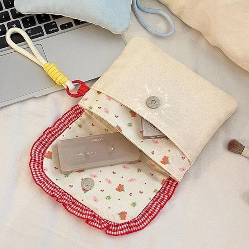 Womens Small Coin Purse Heart Button Decor Lipstick Sanitary Napkin Coin Money Bag Floral Earphones Data Cable Storage Case
