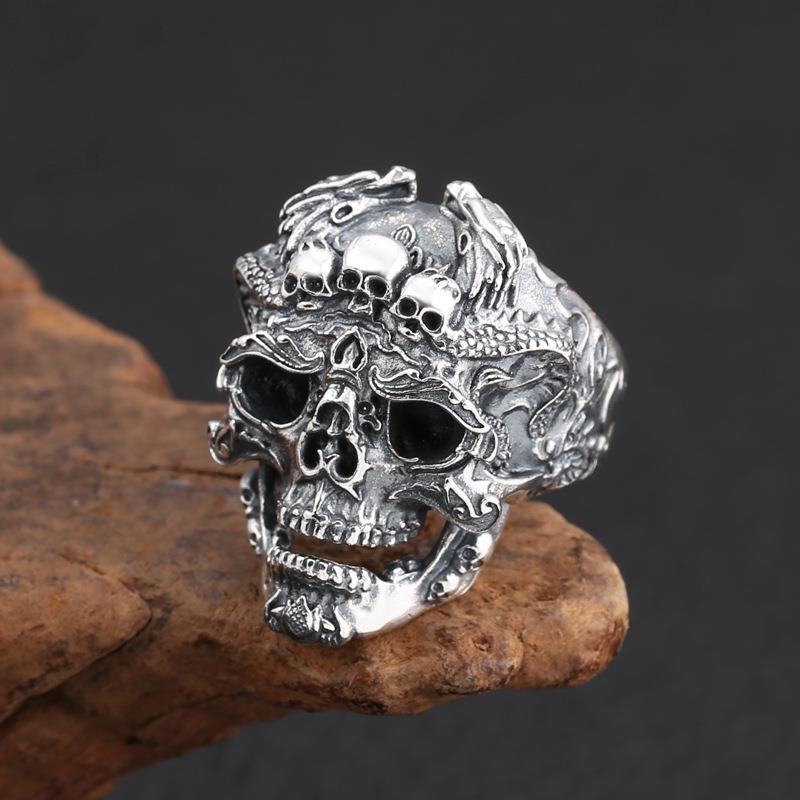 Retro Exaggerated and Domineering Skull Ring Men's Open Adjustable Ring Popular