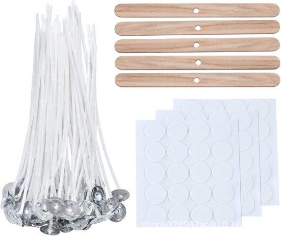 Yousheng 100 Pcs Cotton Candle Wicks 10cm, Pre-Waxed Low Smoke Candle Making Kits with 5 Candle Wick Holders and 60 Glue Dots, for Soy Beeswax Adults