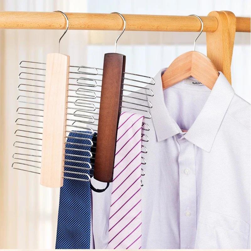 Ties Hanger Holder Rack Silk Scarf Belt Clothes Organizer Cabinet Wooden Storage Hanging Rack Storage Holder For Wardrobe Closet