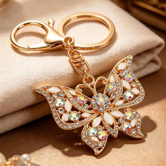 Colgante Llavero Forma de Mariposa Portallaves con Pedrería Multicolor Cierre de Pinza de Langosta Antioxidación Llavero Mochilas Accesorio de Coche