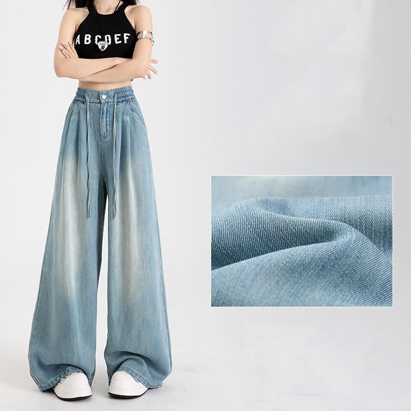 Summer Soft Women Jeans Loose Wide Leg Elastic Waist Pants Fashion Casual Trousers Plus Length