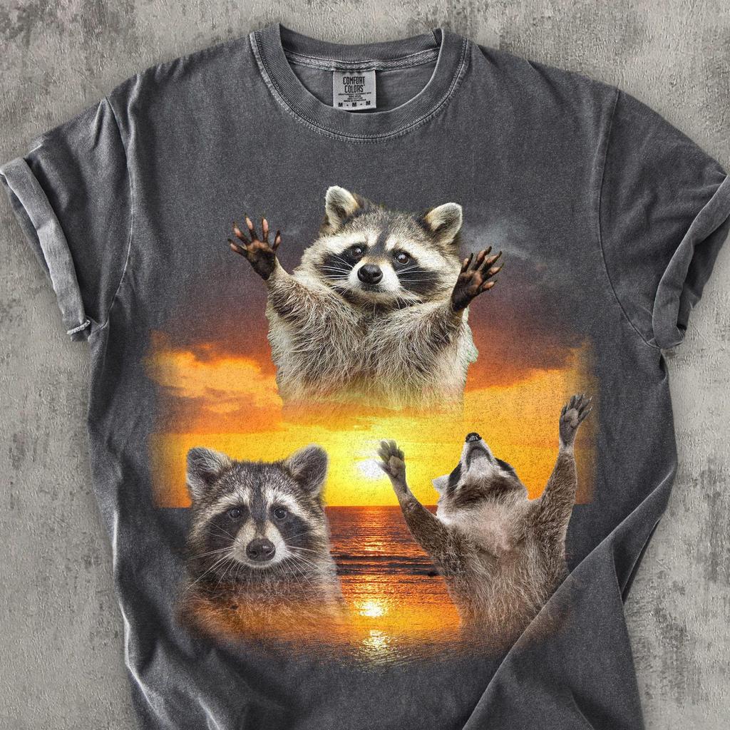 Three Raccoons Retro Graphic T shirts, Vintage Raccoon Sunset T shirt, Wild Cat Gift, Trash Panda Tee, Comfort Colors, Funny Ironic Shirt