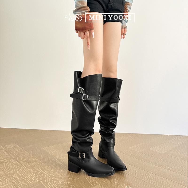 

2025 autumn and winter models, inner height increase, black stacking boots, long boots over the knee, two thick-heeled long tube, western cowboy 42