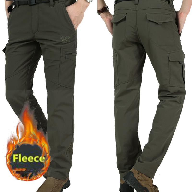 Outdoor Work Pants Men Winter Casual Cargo Trousers Waterproof Fleece Lined Pant Elastic Hiking Traveling Workwear