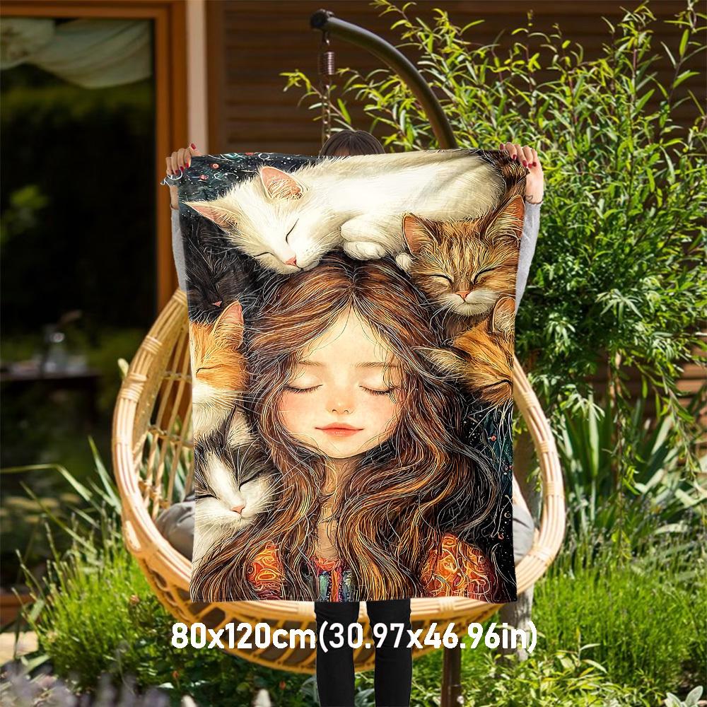 

1pc girl cats Outdoor Flannel Blanket Soft Warm All-Season Throw for Sofa Bed Car Camping Office, Cozy Gift Idea1145S 80x120cm(31x47inch)
