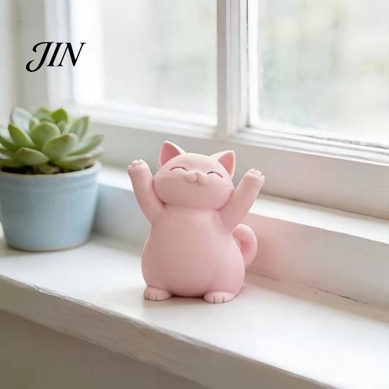 Unique Cat Gifts 3D Printed Pink Hugging Figurine, Adorable Sitting Kitten Statue with Raised Paws, Mechanical Balance Ornaments Kawaii Desk