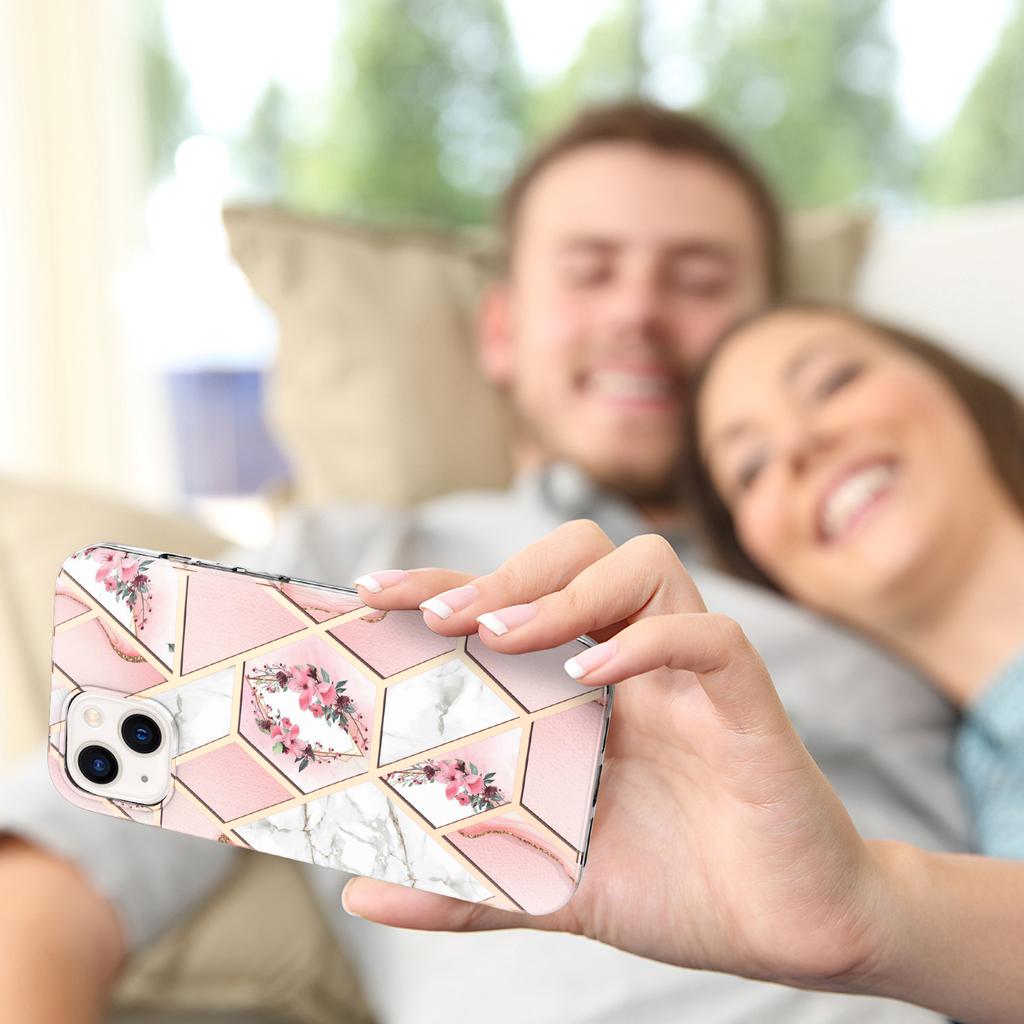 Für iPhone 15 Hülle mit IMD Marmor Blumenmuster TPU Handy Rückseite