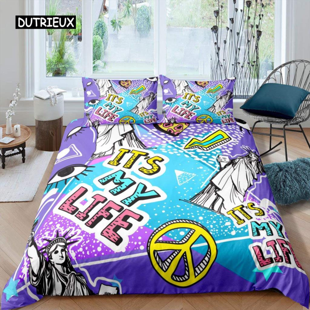 Statue of Liberty Bedspread Cover Hip Hop Full Size Peace Sign Love Heart Bed Cover Kit American Eyes Colorful Sturdy Polyester Quilt Cover
