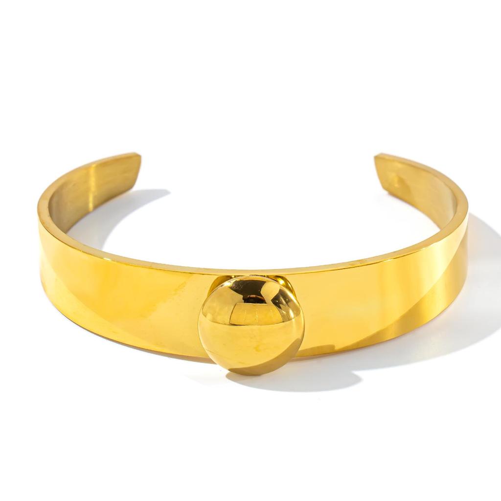 18K Gold Plated Wide Band Open Cuff Bracelet with Exaggerated Round Ball Design