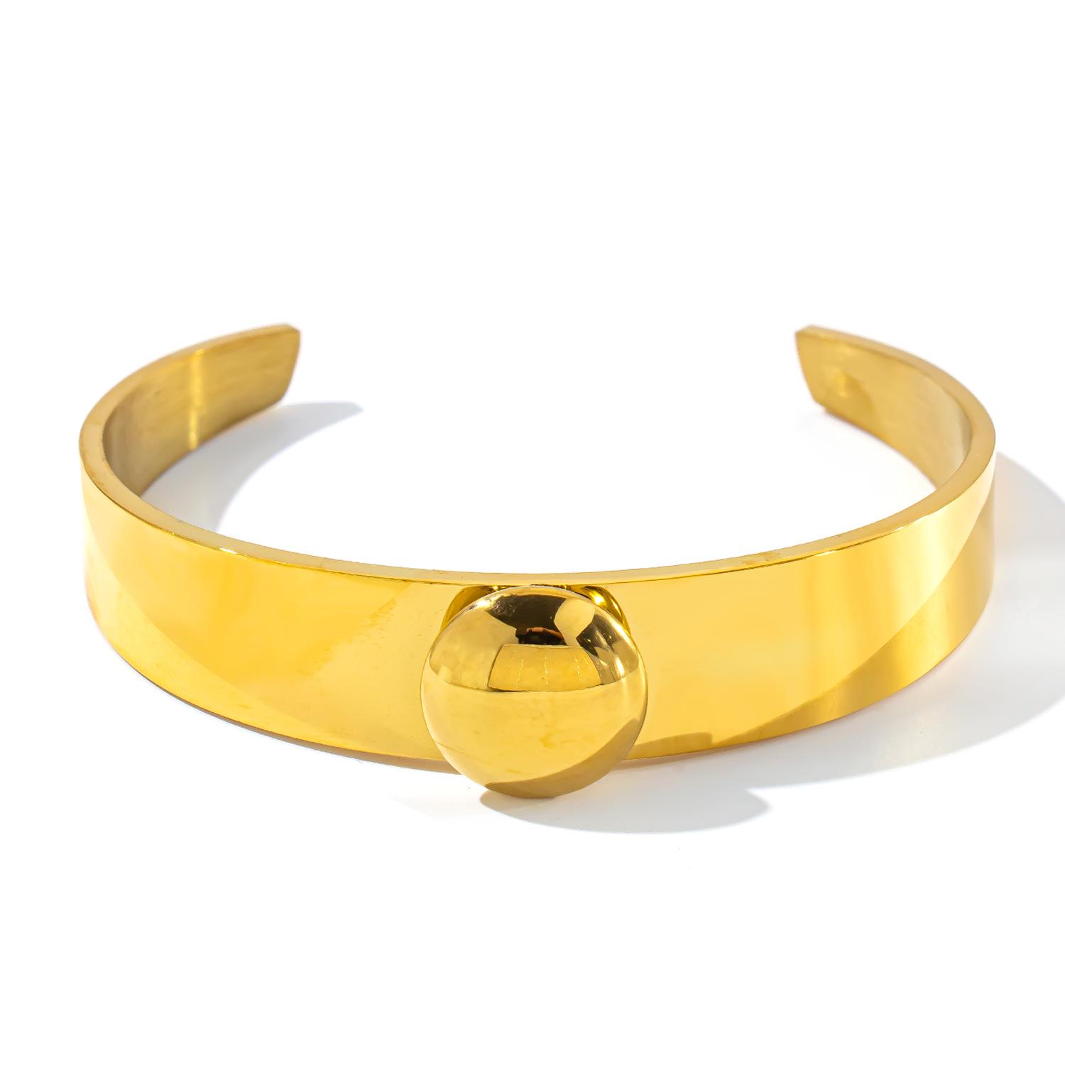 18K Gold Plated Wide Band Open Cuff Bracelet with Exaggerated Round Ball Design