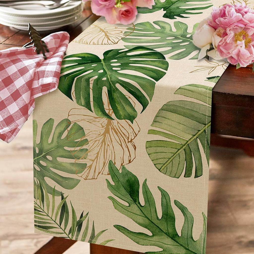 Seliem Summer Palm Leaves Tropical Greenery Table Runner, Monstera Home Kitchen Dining Plant Decor, Spring Seasonal Decorations Indoor Outdoor Hawaii