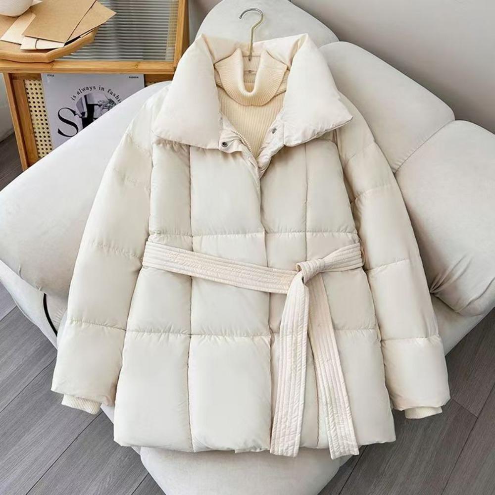 2025 Winter New Women's Waist Korean Version Autumn and Winter Stand-up Collar Down Cotton Clothes Solid Color Lace-up Women's Versatile Jacket