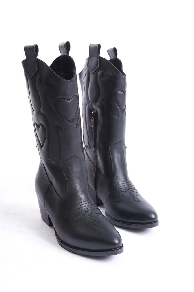 Women Modern Stylish Fashion Boots Boots Faux Leather Black Skin Leather White Heart Embroidered Cowboy Zipper Western Boots