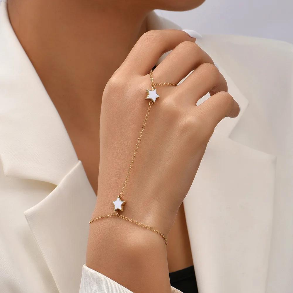 Simple Heart Slave Chain Bracelet Gold Plated Link Connected Wide Finger Ring Bracelets Jewelry Gifts For Women Girls
