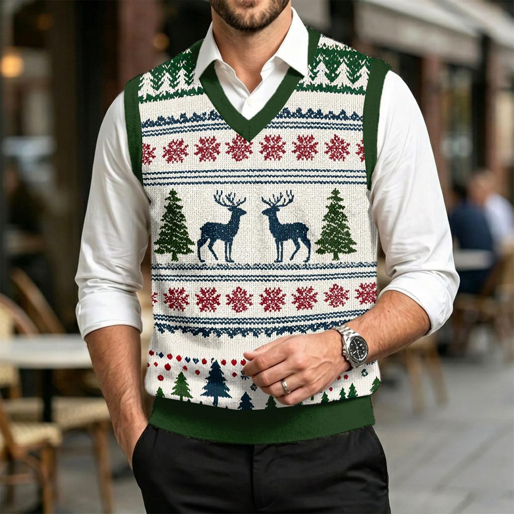 Men's V-Neck Sweater Vest Christmas Print Wool Knit Casual Sleeveless