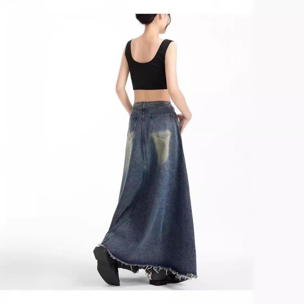 Women's Retro High-Waisted Denim A-Line Skirt - Summer, Washed Blue, Knee-Length