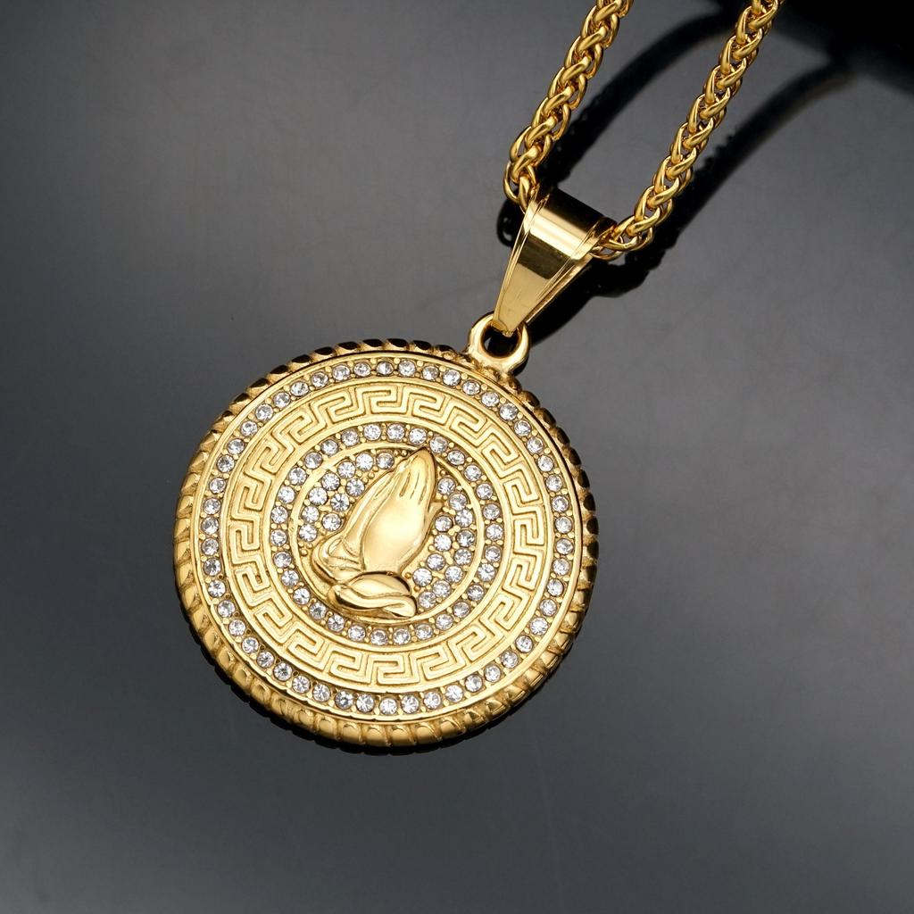 1pc Hip Hop Praying Hands Pendant Stainless Steel for Men Paved Rhinestone Gold Colour Necklace Jewelry