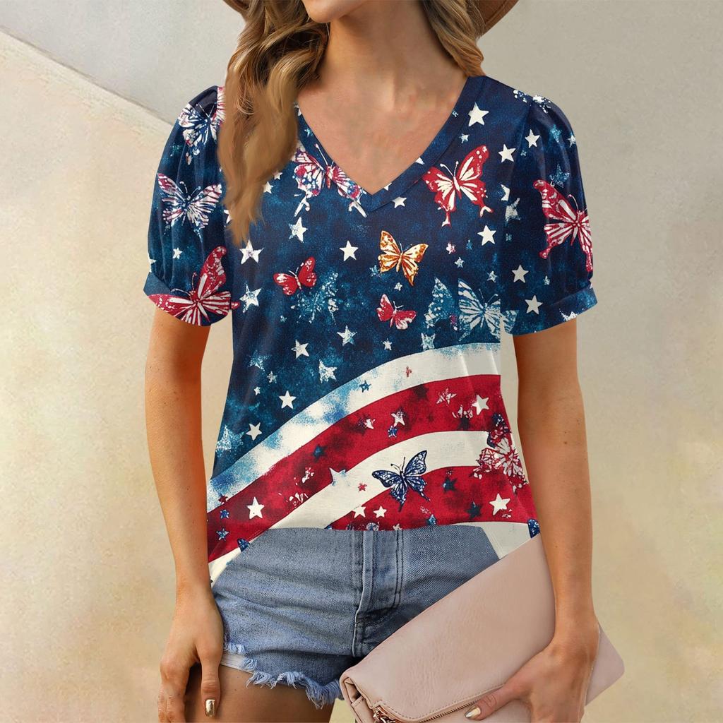 Women's Fashion Independence Day Print Top Puff Short Sleeve V-neck T-shirt Loose Casual T-shirt