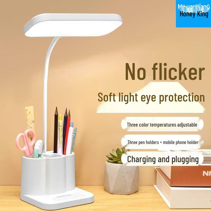 Smart LED Desk Lamp with Eye Protection, Pen Holder, and Bedside Night Light for Students