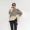 Women Fall Winter Sweater High Collar Neck Protection Contrast Color Striped Print Loose Knit Long Sleeve Split Hem Soft Warm Lady One Size Sweater