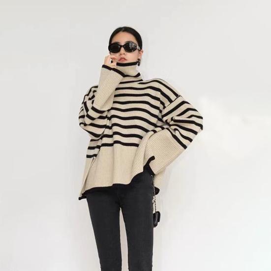 Women Fall Winter Sweater High Collar Neck Protection Contrast Color Striped Print Loose Knit Long Sleeve Split Hem Soft Warm Lady One Size Sweater