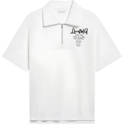 Letter Print Zip-Up Polo T-Shirt Unisex Tops Milk-White AHST629-1