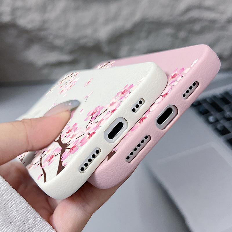 Pink Peach Blossoms Floral Pattern Case For iPhone 17 Pro Max Funda iPhone 16 Pro Max 15 14 13 12 11 Air 16E Leather Texture Silicone Cover