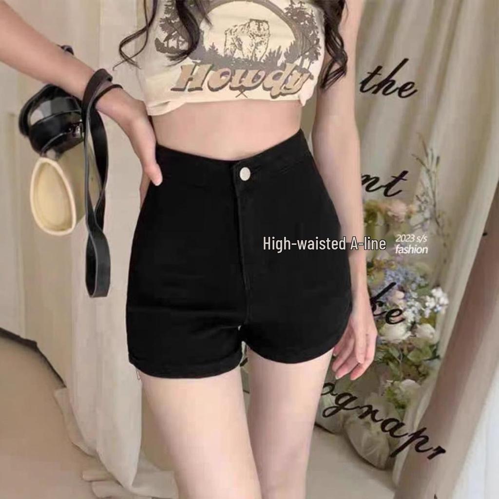 Women's High-Waist Black Denim Shorts - 2025 Slimming Elastic Hip-Wrap Hot Pants