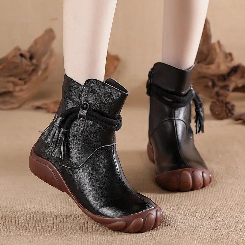 Johnature Women's Short Boots Casual Genuine Leather Solid Color Soft Sole Comfortable Warm Women's Shoes