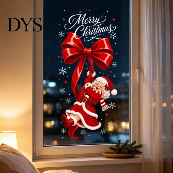Santa Claus Glass Stickers Static Sticker, Christmas Theme Bow Pattern Print, Removable Party Supplies Electrostatic PVC Film for Home And Store Doors