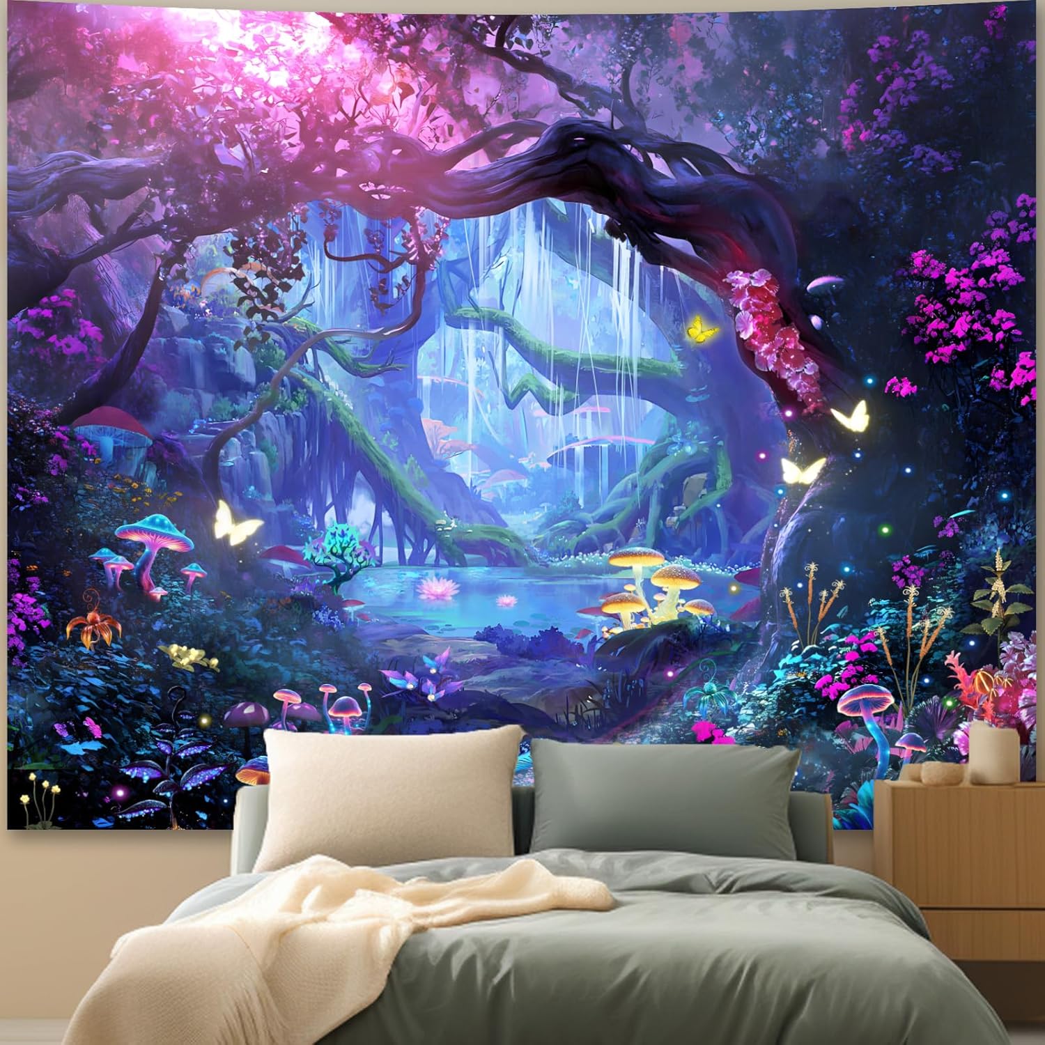 Apdidl Forest Nature Room Decor Tapestry Wall Hanging, Fantasy Trees Butterfly Mushroom Tapestries for Bedroom, Blue Colorful Fl 100X70CM
