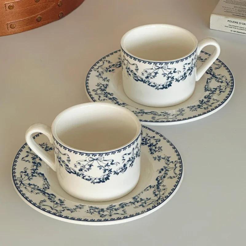 French Retro Floral Cup Plate Set, Office Coffee Cups, Floral Flat Plate with Antique Tableware, Pasta Dessert Cake Ceramic Mug