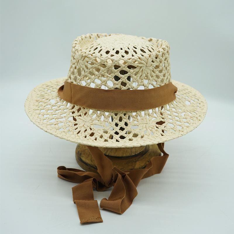 Japanese Korean Version Hollow Woven Beige Flat Top Top Top Hat Women'S Summer Sunshade Vacation Beach Straw Hat Small Fresh And Retro
