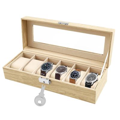 6 Slot PU Leather Watch Box with Keys and Locks Transparent Glass Lid Removable Watch Pillows Organizer Jewelry Display Box