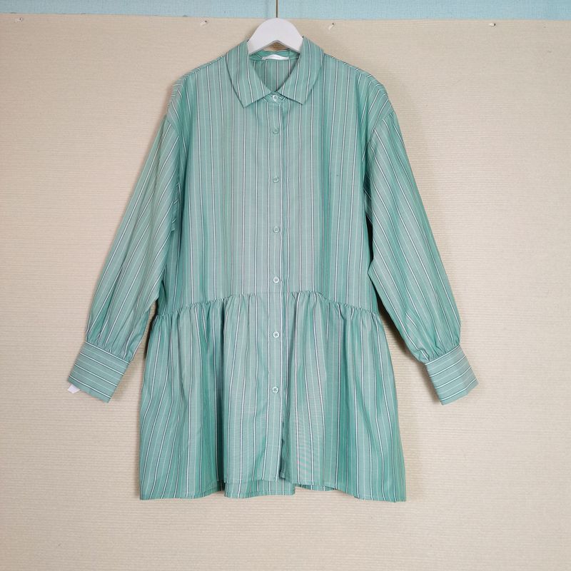 

Export Export Original Order Striped Long Sleeve Shirt Women s Open Skirt Mid Length Long Length Shirt Artsy Simple Anti-Aging Spring & Fall Green Stripes One size