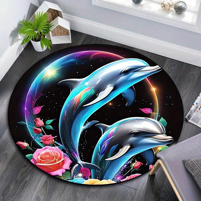 

1pc Soft, Absorbent & Non Slip Roses and jumping dolphins Round Rug Soft Circle Rug for Living Room & Bedroom Decor, Chair Mats, and Unforge 80cm by 80cm