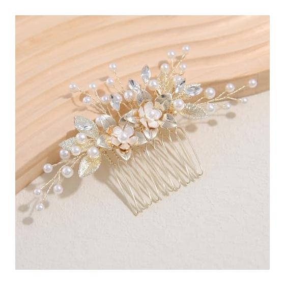 Hair Accessories Set - Leaf and Flower Motif Comb, Hairpins with Pearls, Handmade for Weddings, Parties, Graduations, Performances, Japanese Style