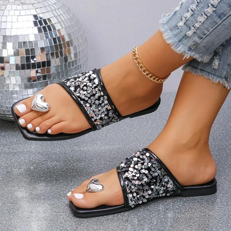 

Женские туфли Thong женские тапочки летние повседневные тапочки женские блестящие квадратные носки на плоской подошве с обувью для отдыха на природе больших размеров для женщин 43 чёрный