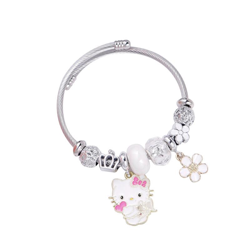 Delicate Five-Petal Flower Pendant Stainless Steel Beaded Bangle Bracelet For Women